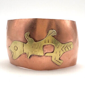 Copper and Brass Cuff Bracelet Abstract Animal Mid Century Hand Made in Mexico